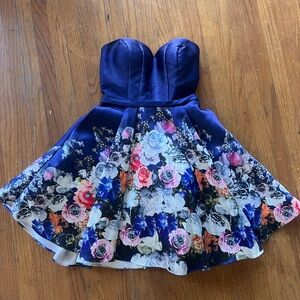 strapless navy blue floral cocktail dresss